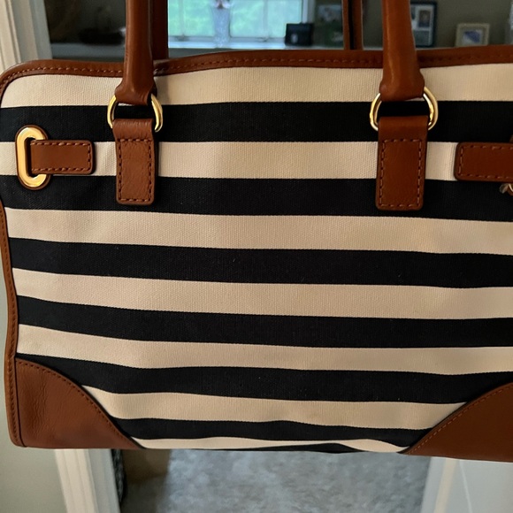 Michael Kors large Navy and white stripe with brown leather straps and handles - Picture 10 of 11